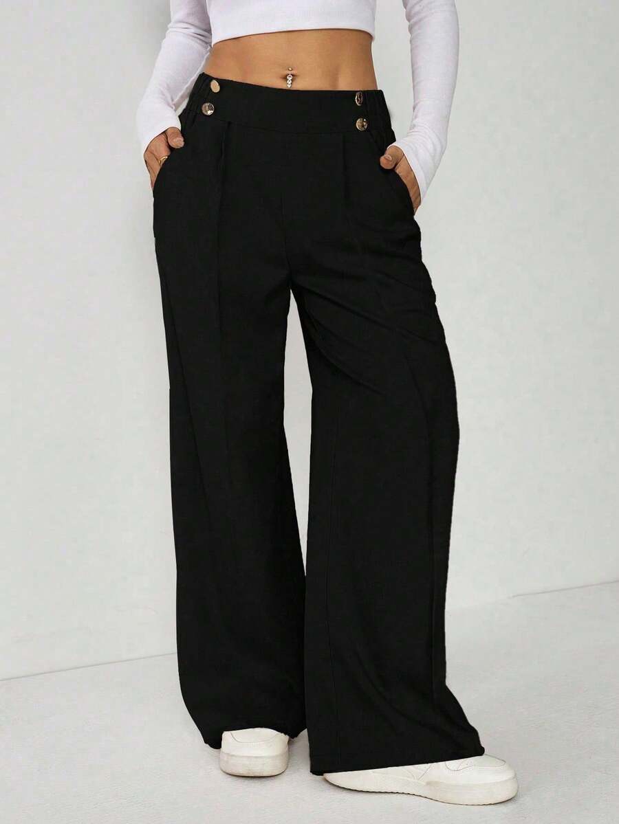 SHEIN EZwear Plus Size Women Metal Double Button Straight Leg Casual Office Pants, Autumn/Winter - Black - View 1