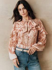 Anewsta 新款印花长袖女式衬衫，优雅精致的荷叶边袖口，适合情人节、节日、春夏穿着。 - 藕粉色 - 查看 5