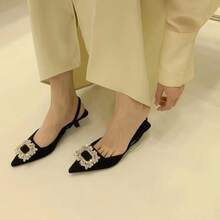 Zapatos de tacón para mujer, estilo <<fairy», con cordones, tacón fino francés, punta afilada y hebilla cuadrada con pedrería, ideales para el verano - Negro - Ver 5