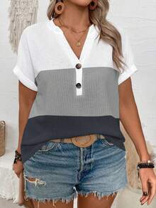 EMERY ROSE Nueva camiseta de mujer de talla grande con cuello en V, estampado de color contrastante y manga corta suelta - Blanco - Ver 3