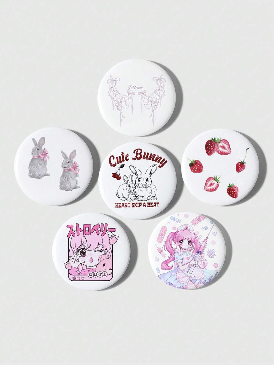 ROMWE Anime 6款春季新款二维元条印章甜美可爱卡通高面值粉色/白色/红色/灰色卡通樱桃字母兔子蝴蝶结流苏草莓二维软萌动漫星熊女孩护士银色徽章胸针手账装饰包包挂件，组合套装，适合姐妹、女友、朋友、情侣、女孩和女士日常佩戴、节日礼物 - 多色-10 - 查看 1