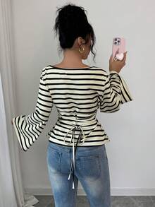 Elenzga Women's Autumn/Winter Loose Collar Flare Sleeve Pleated Ribbed Ribbed Top - Multicolor - View 2