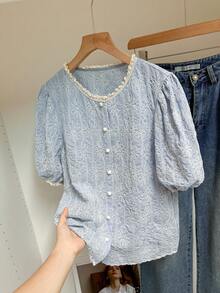 SHEIN Frenchy Women's Casual Floral Embroidered Shirt, Summer - Blue - View 10