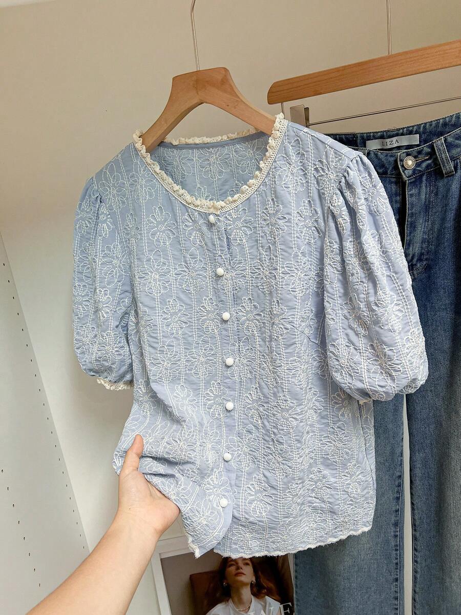 SHEIN Frenchy 女士休闲花卉刺绣衬衫，夏季 - 藍色 - 查看 1