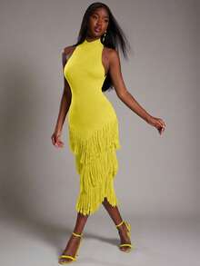 NYA SZN Đầm không tay cổ cao, chi tiết tua rua, ôm sát cơ thể, chất liệu dệt kim gân, co giãn, thích hợp cho các dịp đặc biệt, kỳ nghỉ, đám cưới, đi chơi, sân bay, phong cách dễ thương, cổ điển, mùa thu đông, phù hợp cho trang phục đi làm, dành cho nữ. - Vàng nhạt - Xem 7