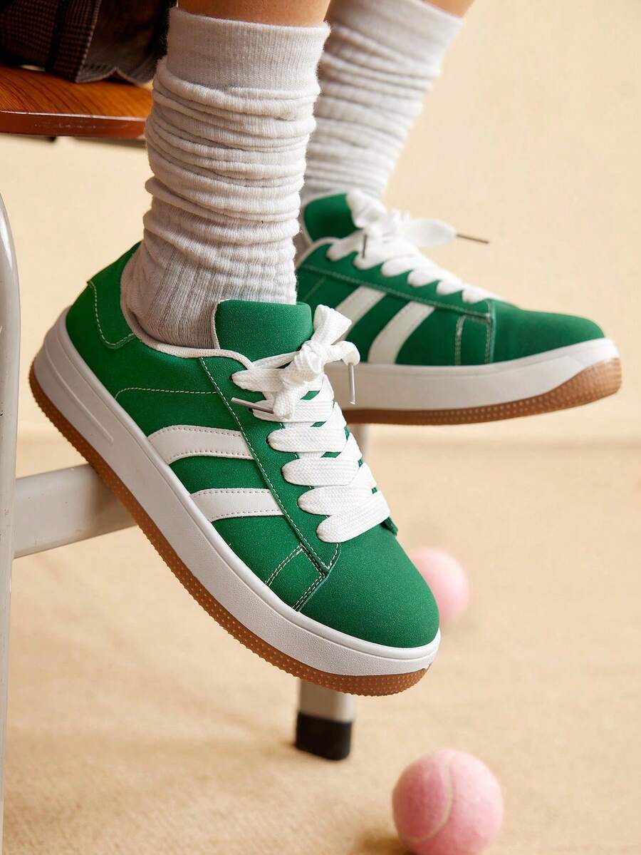 CUCCOO EASI Spring And Autumn Fashion Versatile Thick Sole Heightening Front Lace-Up Women's Casual Shoes Waterproof Table White Shoes - Green pu - View 1