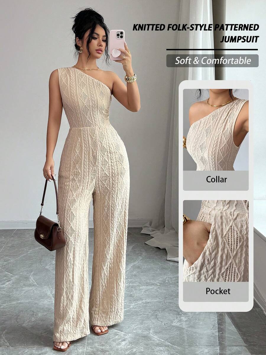 Louniche 优雅单肩褶皱连体裤，收腰设计，休闲日常穿着，约会之夜，婚礼季派对，中东阿联酋纹理浅杏色 - 杏色 - 查看 1