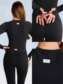 GLOWMODE FeatherFit™ Soft Stretchy Ribbed Seam-Dividing Design Long-Sleeve Tee Top Low Impact Yoga Pilates Studio Daily Casual Wear Removable Cups  Spring Summer - Black - View 11