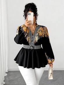 Rometta 大码女式定位花卉印花金色图案优雅黑色A字修身连衣裙，适合婚礼、派对、节日、约会和其他场合。 - 金色 - 查看 3