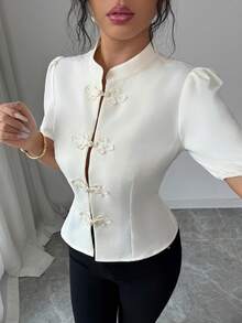 SHEIN Elenzya Women's Elegant French Style Short Sleeve Blouse, Suitable For Commute, Vacation, Afternoon Tea, Romantic, New Chinese Style With Stand Collar And Front Button Decoration, Spring/Summer - Apricot - View 3
