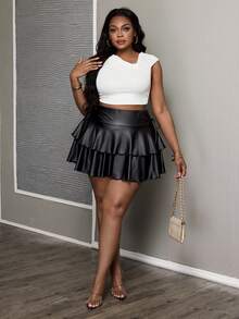 SHEIN PETITE CURVE 大码女式PU皮革多层下摆时尚百搭约会之夜休闲迷你裙 - 黑色 - 查看 4