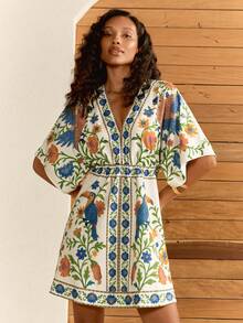 CAJUNI Đầm ngắn kiểu nhiệt đới thuộc bộ sưu tập Bordado Tropical Series, kiểu đầm đi nghỉ mát. - Màu be - Xem 4