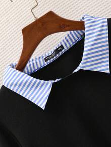 SHEIN CURVE+ Plus Size Women Striped Lapel Long Sleeve Casual Patchwork Sweatshirt Winter Fall Autumn Curve Plus Tops - Baby Blue - View 4