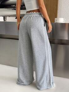 SHEIN EZwear Women's Drawstring Waist Lace Patchwork Casual Versatile Commuting Sweatpants - Light Grey - View 4