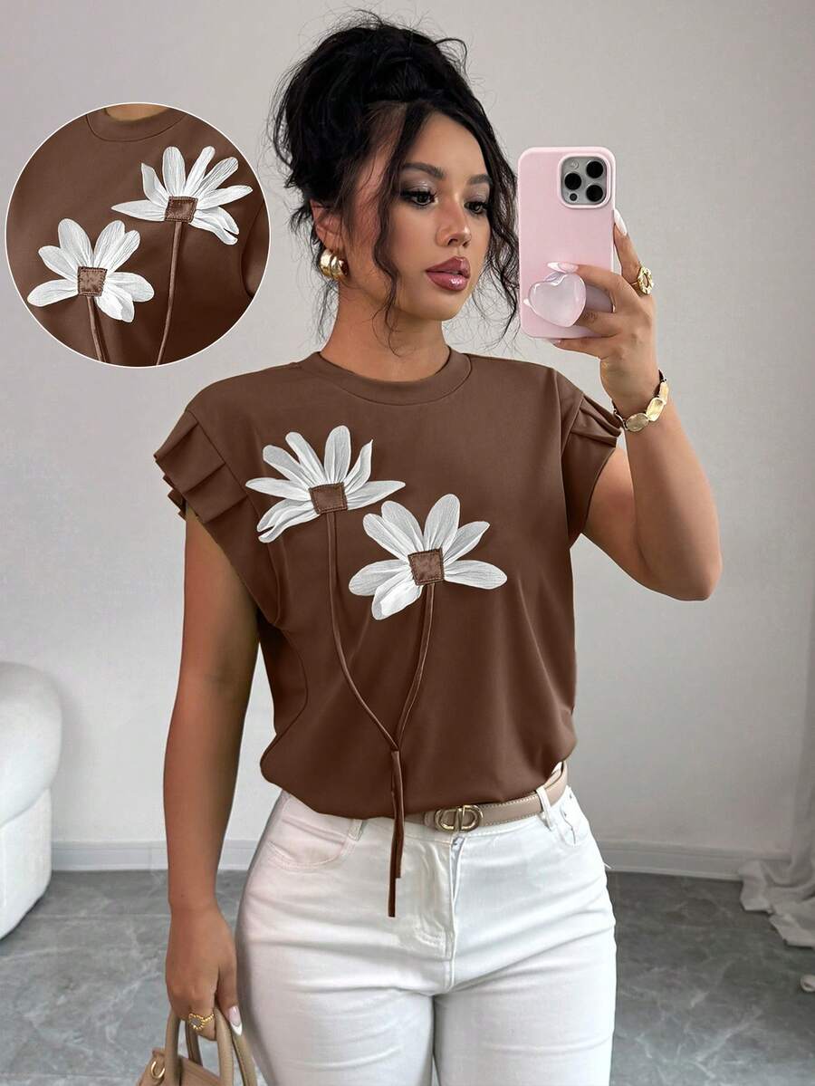 Elenzga 女士休闲贴花圆领褶皱蝙蝠袖T恤，夏季 - 棕色 - 查看 1