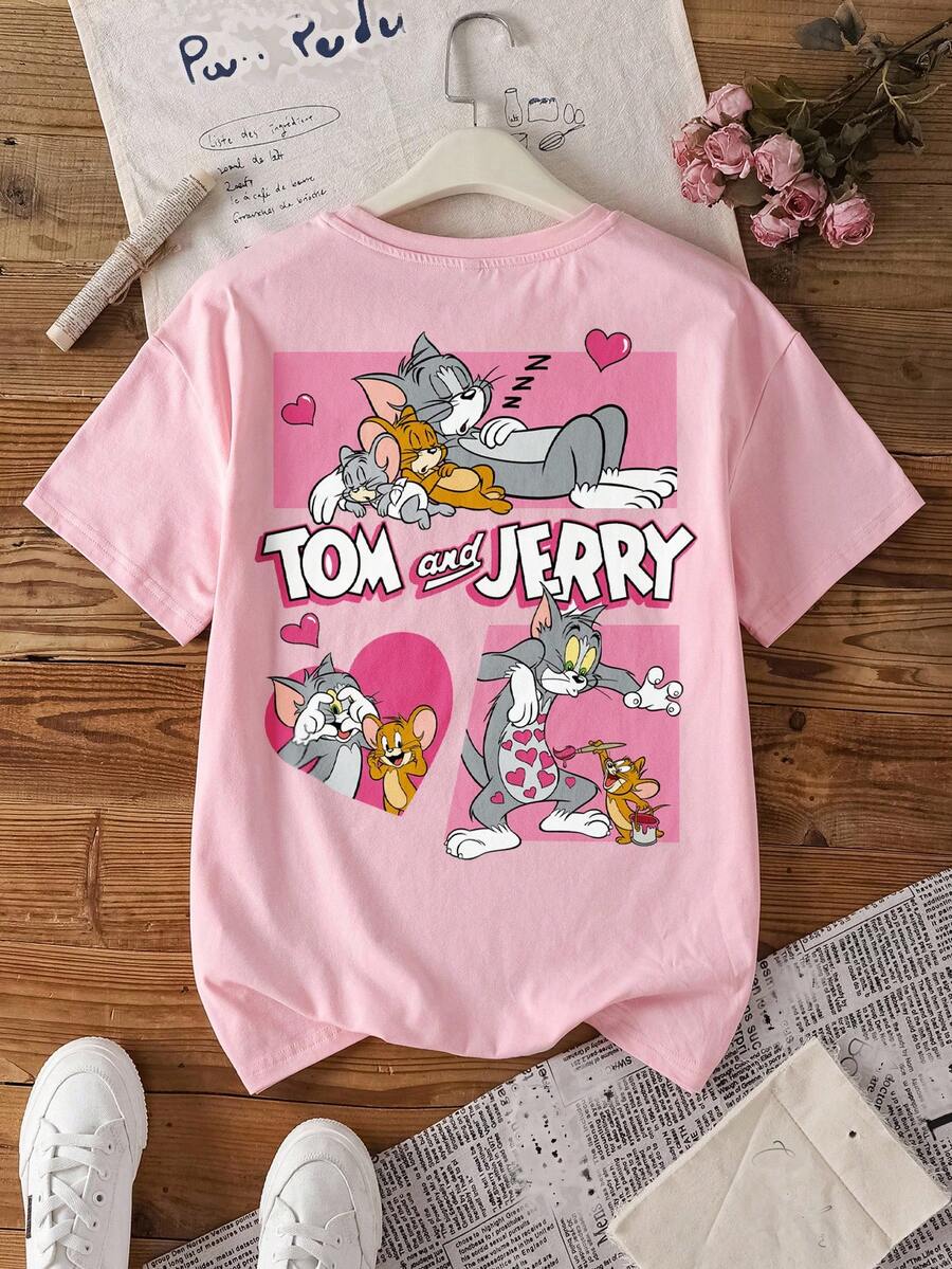 TOM & JERRY X SHEIN Women's Casual Everyday Commute Valentine's Day Cute Cartoon Heart & Letter Graphic Short Sleeve Pink T-Shirt - Pink - View 1