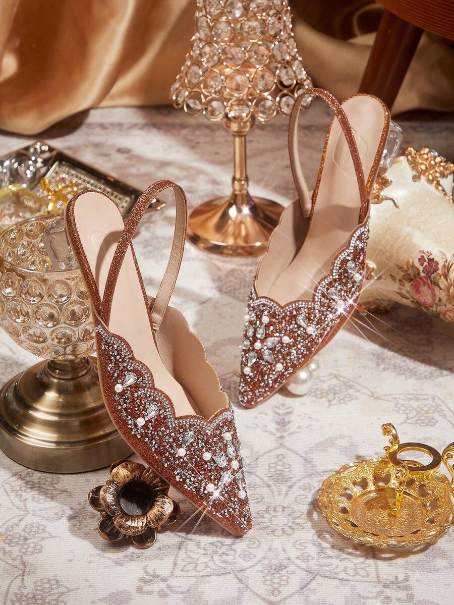 CUCCOO TILAWA Women's Shoes Are Fashionable And Elegant Crystal Heels, Rhinestone Pointed Laser Lace Orange Women's High-Heeled Shoes, Suitable For Banquets, Parties And Other Occasions - Orange - View 1