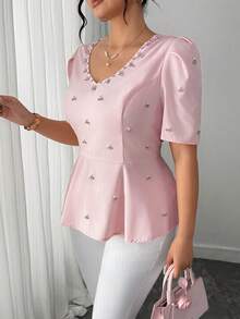 SHEIN Elenzya Áo kiểu tay ngắn cổ chữ V màu trơn, cỡ lớn, đính đá lấp lánh, thanh lịch. - Hồng - Xem 5