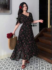 DAZY Elegantes Damen Kleid mit Blumenmuster, V-Ausschnitt und Rüschenärmeln, Sommerkleid für Hochzeitsgäste, Ostersonnenkleid, Boho-Urlaubsoutfit für Frauen - Schwarz - Übersicht 5