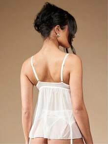 MISSGUIDED Delicate Lace Babydoll Lingerie Set Sheer Nightwear Two Piece Garter Underwear Set See Through Mesh Adjustable Strap Bridal Wedding Night Gift - White - View 2