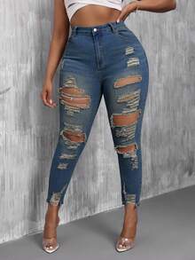 SHEIN SXY Quần jean skinny co giãn rách rưới thời trang mùa hè cỡ lớn - Rửa trung bình - Xem 3