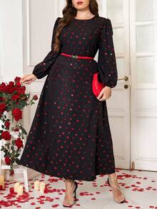 Gownix Plus Size Women's Valentine's Day Heart Print Lantern Sleeve Waist Cinched Dress,Black And Red Autumn Elegant Party New Year Eve Nye Outfits Flower - Multicolor - View 5