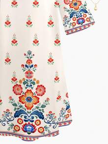 SHEIN 优雅简约波西米亚风儿童印花长袍，适合年轻女孩休闲舒适，优雅花卉刺绣印花V领宽松长袖连衣裙，适合春夏日常穿着、节日庆典、祈祷等场合，轻松舒适，休闲穿着，营造度假氛围，简约大方。 - 彩色 - 查看 9