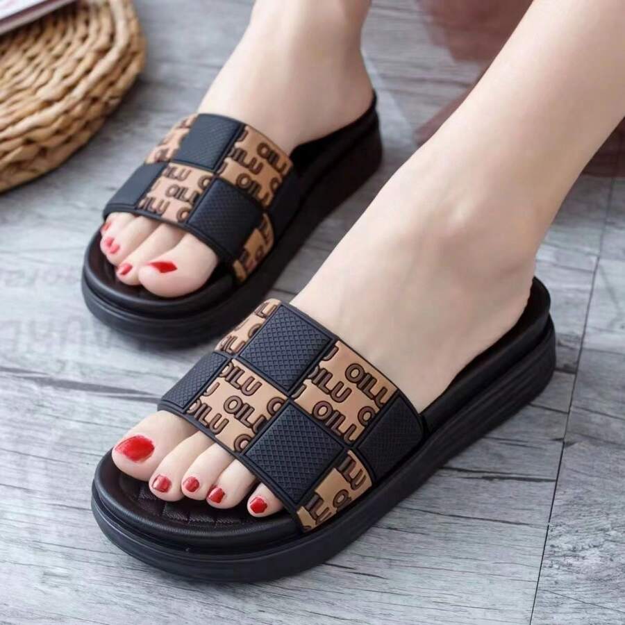 Chanclas de plástico para mujer para primavera/verano, para el dormitorio y la oficina, calzado informal para niñas, sandalias de playa cómodas con suela gruesa. - Negro - Ver 1