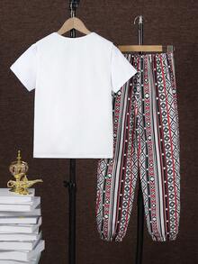 SHEIN 3pcs/Set Tween Boy Casual Vintage Geometric Print Vest, Short Sleeve T-Shirt And Pants Set, Spring/Summer - White - View 5
