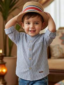 Kids Boy Casual Stand Collar Button Shirt, Striped Shirt, Basic Top, Back To School, Suitable For Garden, Beach, Birthday - Blue - View 9