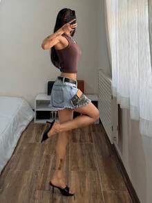 SHEIN Women's Camouflage Print Wrap Fringe Hem Fashionable Denim Mini Skirt Jean Skirt Y2k Grunge Clothes Army Skirt Skirt Shorts - Multicolor - View 6