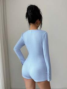 Selianne Women's Solid Color Round Neck Flare Sleeve Fitted Elegant Front Button Jumpsuit - Blue - View 2