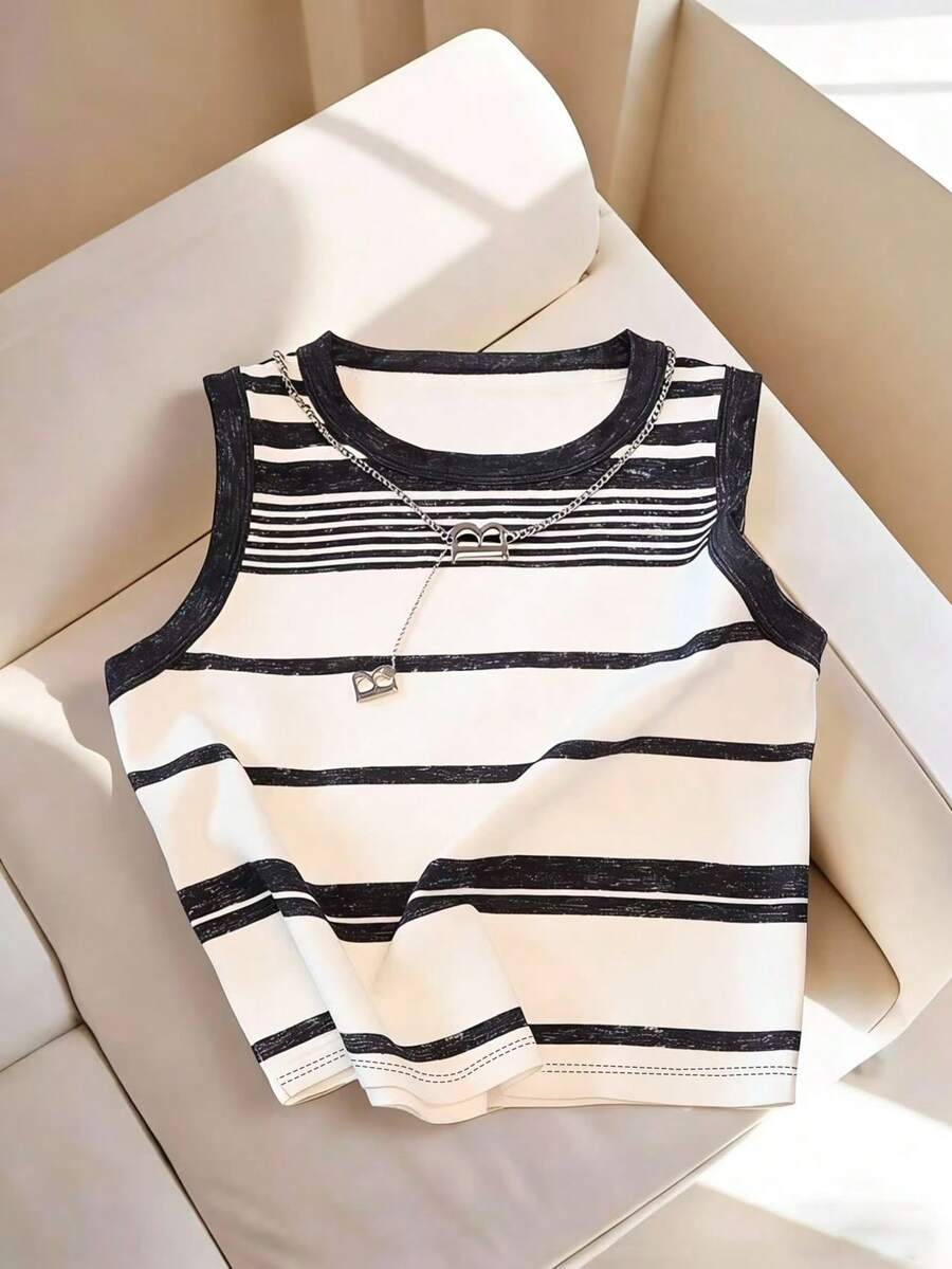 Resyla 新款时尚女式条纹撞色印花圆领休闲背心 - 彩色 - 查看 1