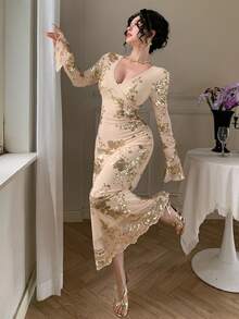 DAZY Women's Elegant Floral Sequin V-Neck Flare Sleeve Dress, Spring/Summer Wedding Guest Dress Sundress - Apricot - View 6