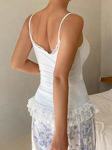 DAZY Lace Ruffle Trim Padded Camisole Top For Women - White - View 2