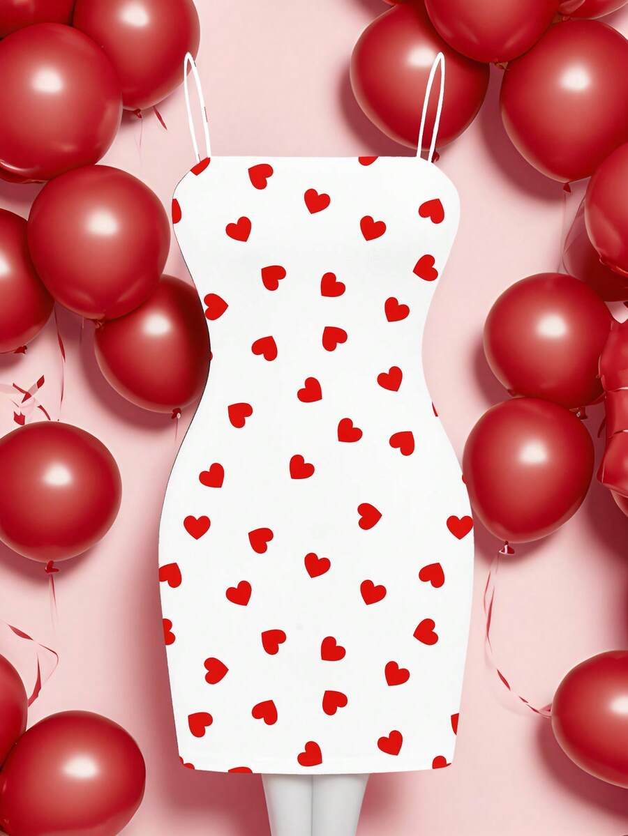 SHEIN EZwear 女士休闲简约爱心印花吊带连衣裙，夏季 - 彩色 - 查看 1