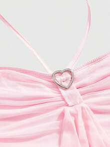 ROMWE Avant Women's Sexy Halter Neck Ruffle Trim Gathered Mini Dress - Pink - View 3