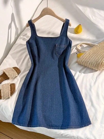 Comfortcana Vestido de mezclilla casual de verano para mujer con cuello cuadrado, parches y bolsillos