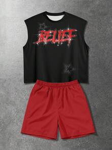 ROMWE MEN 男士字母和图案印花圆领背心和抽绳腰短裤休闲套装 - 彩色 - 查看 3