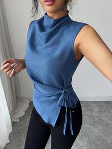 Elenzga Áo kiểu nữ không tay xếp ly vạt bất đối xứng, chất liệu giả denim, cổ cao, kiểu dáng thanh lịch, áo sơ mi xanh thời trang cho mùa xuân/hè. - Màu xanh lam - Xem 3