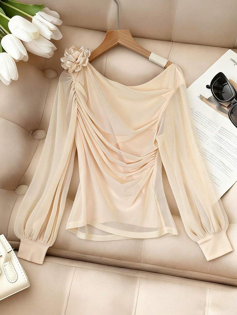 Selianne Chiffon Lightweight & Graceful 3D Rose Asymmetrical Shoulder Blouse - Apricot - View 1