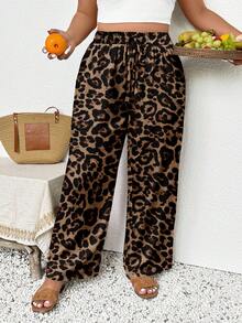 SHEIN Tall CURVE Große Größen Lässig Alltagshose mit Leoparden-Muster, Kordelzug Taille, weites Bein, Sommer Gepard-Muster Hose, Alltag, Pendeln, Schule, Meetings, Ausgehen, Lässig, Lässig für Frauen, Frühling - Verschiedenfarbig - Übersicht 4