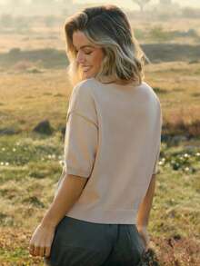 WESTFADE Round Neck Button Front Half Sleeve Loose Fit Mixed Stitch Cardigan Sweater - Apricot - View 2