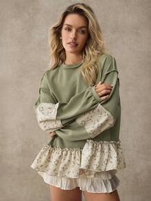 WESTFADE Áo nỉ dáng rộng, cổ tròn, tay phồng, xếp ly, họa tiết hoa ghép mảnh, dệt kim kiểu waffle. - Màu xanh Ô liu - Xem 4