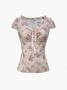 SHEIN Áo sơ mi nữ họa tiết hoa nhí thắt nơ - Hồng - Xem 3