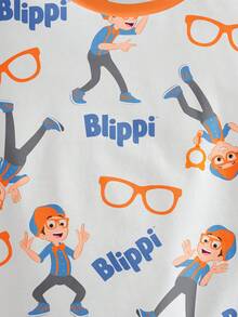 Blippi X SHEIN 男童休闲卡通图案圆领短袖T恤，夏季 - 白色 - 查看 6