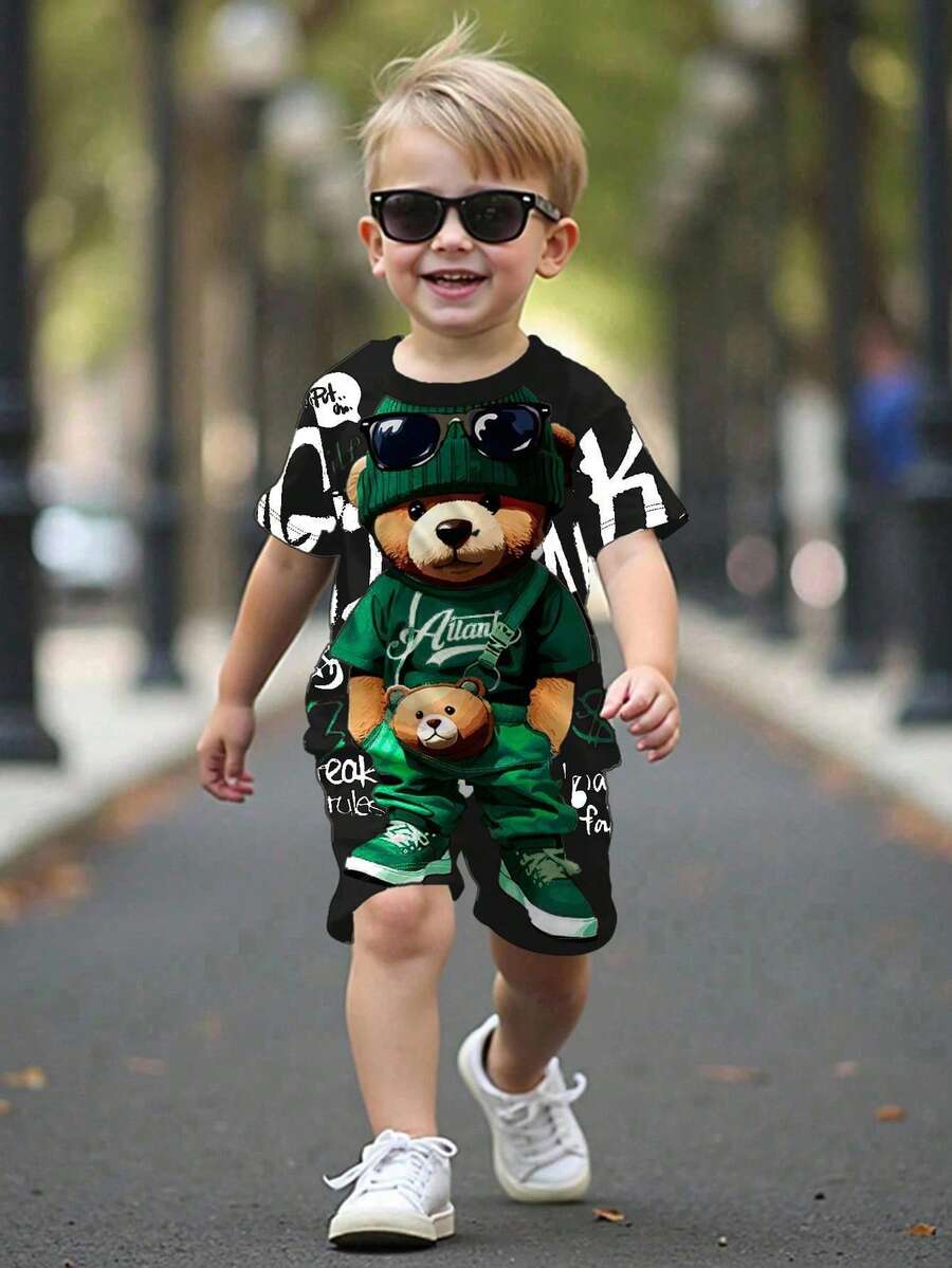 SHEIN Young Boy's Cool Cartoon Bear Print 2 Pieces Summer Outfit Set: Short Sleeve T-Shirt And Shorts - White - View 1