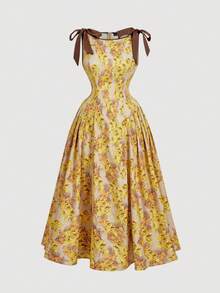 SHEIN MOD 大码圆领无袖连衣裙，饰有撞色滚边、蝴蝶结和腰部褶裥。卡其色底，黄色花卉印花。复古浪漫的春夏连衣裙，非常适合外出穿着。 - 黃色 - 查看 4