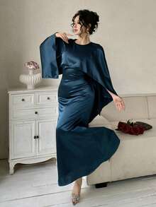 DAZY Vestido largo elegante de unicolor 2 en 1 para mujer, vestido de invitada de boda de verano, vestido largo y vestido de verano - Azul - Ver 9
