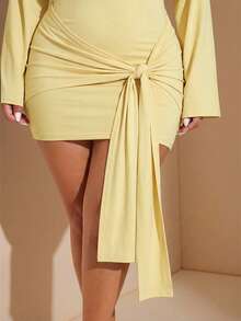 SHEIN BAE Plus Size Women Elegant Solid Color Asymmetric Shoulder Tie Bodycon Dress - Yellow - View 6